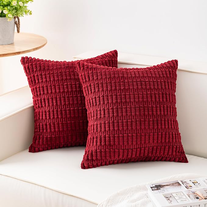 Pack of 2 Corduroy Decorative Throw Pillow Covers 24x24 Inch, Wine Red | Fall Soft Striped Pillow Covers Modern Farmhouse Home Decor Christmas Throw Pillow Covers for Sofa Living Room Couch Bed