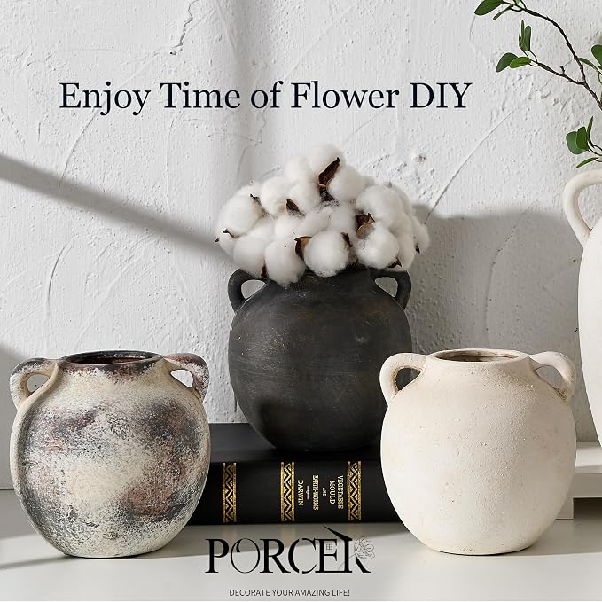 PORCER Ceramic Rustic Vase for Home Decor, 5.8 Inch Terracotta with Handles, Vintage Decorative for Flowers, Plants, Living Room, Table, Thanksgiving - Black Bronze