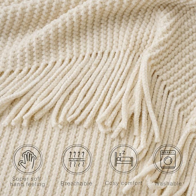 BATTILO HOME Beige Throw Blanket for Couch, 50"x60" | Soft Chenille Knit Blanket with Tassels for Home Decor, Neutral Beige Throws for Couch Cover