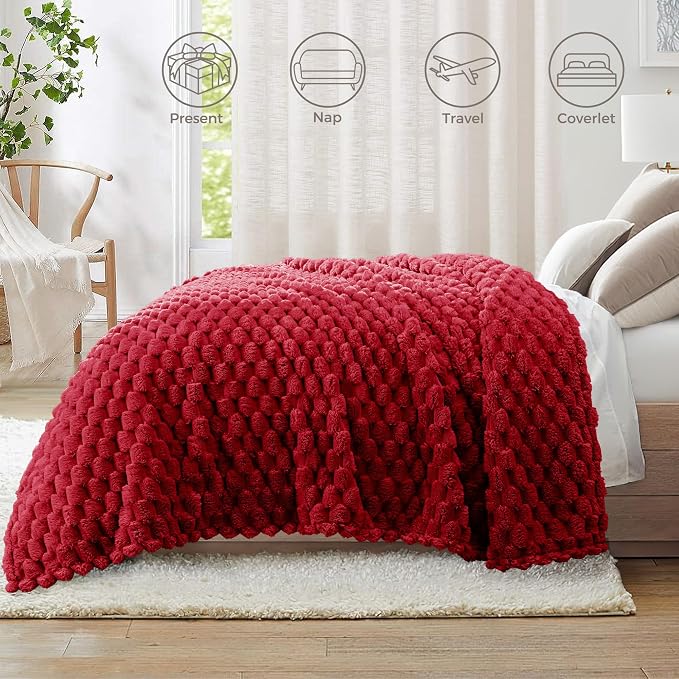 Whale Flotilla Soft Fleece Queen Size Bed Blanket Luxury 3D Jacquard, Red | Lightweight Breathable Coverlet Bedspread for All Seasons, Super Cozy Plush Fluffy Fuzzy Decorative Blanket for Bed, 90"x90"