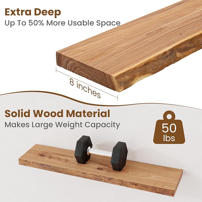 Floating Shelves for Wall Decor, Rustic Solid Elm Wood Live Edge Floating Shelves Wall Mounted, Wall Shelves with Invisible Bracket for Living Room Bathroom Bedroom Kitchen, 32 Inch Set of 2, Natural