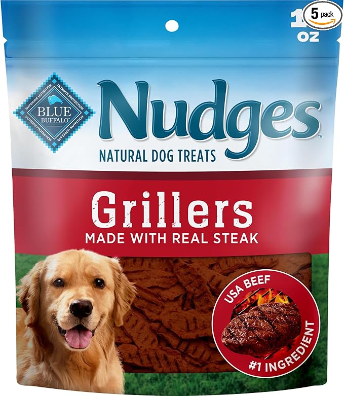 Blue Buffalo Nudges Grillers Natural Dog Treats, Made in the USA with Real Steak, 16-oz Bag, (Pack of 5)
