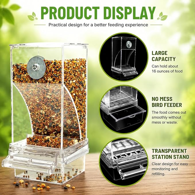 Rypet No-Mess Bird Feeder and Water Dispenser Set for Small Birds | Automatic Bird Feeder, Transparent Acrylic Food Container, Helps Reduce Seed Scatter, for Parakeet Cockatiel Parrot Canary