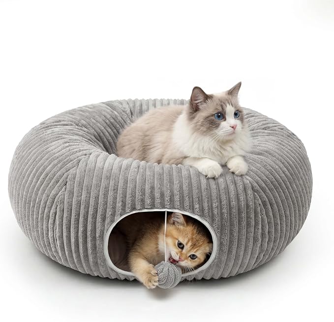 Cat Tunnel Bed for Indoor Cats, Peekaboo Cat Cave Bed, Grey | Soft Cat Donut Tunnel for Kitten Large Cats, Cat Gifts