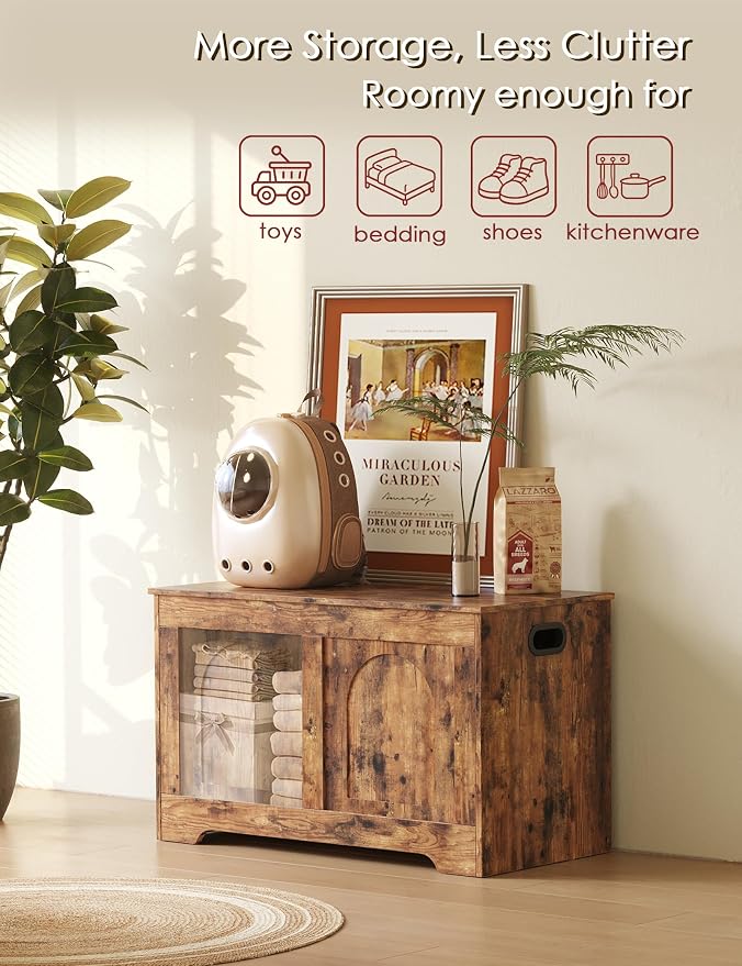 Storage Chest, Wooden Toy Box, Rustic Brown 31.5" L | Entryway Shoe Bench, 2 Soft-close Hinges, Finger-safe Flip-Top Lid, Easy Assembly, Farmhouse Large Trunk, Living Room/Bedroom