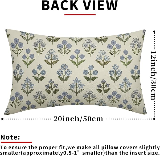Blue Green Block Print Lumbar Pillow Covers 12x20 Inch Set of 2, Vintage Floral Decorative Throw Pillow Cases Boho Cushion Covers Rustic Decoration Gift Farmhouse Sofa Couch Bed Decor
