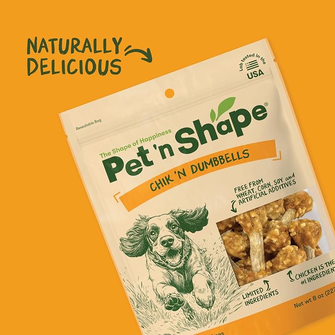 Pet 'n Shape Chik 'n Rice Dumbbells Dog Treats - 8 Ounce | Premium chicken breast, Rice recipe, Limited ingredients, Wheat and soy free, Bite-sized snack, For all life stages