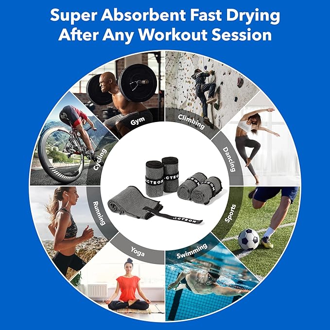 Acteon Microfiber Quick Dry Gym Towel 5 Pack, Silver ION Odor-Free Absorbent Fiber, Fast Drying, Men & Women Workout Gear for Body Sweat, Working Out, Towels Charcoal Grey