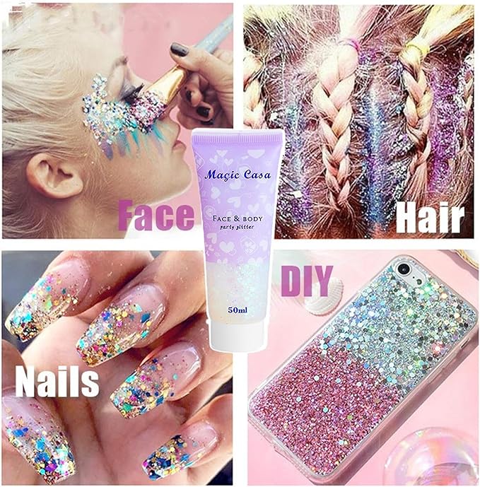 Body Glitter White & Silver & Pink 150ml Face Hair Self Adhesive Gel Accessories Cosmetic Glitter Long Lasting Chunky Sequins Glitters for Eye Lip Nails Gel Festival Rave