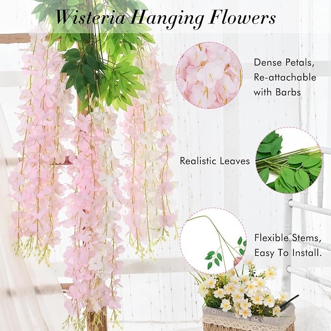 60 Pack White Pink Wisteria Hanging Flowers, Fake Hanging Flowers for Decoration, Artificial Flowers,Vines for Bedroom,Flower Garland for Home,Party,Garden, Wall,Wedding Decoration(3.6 Ft/Pcs)