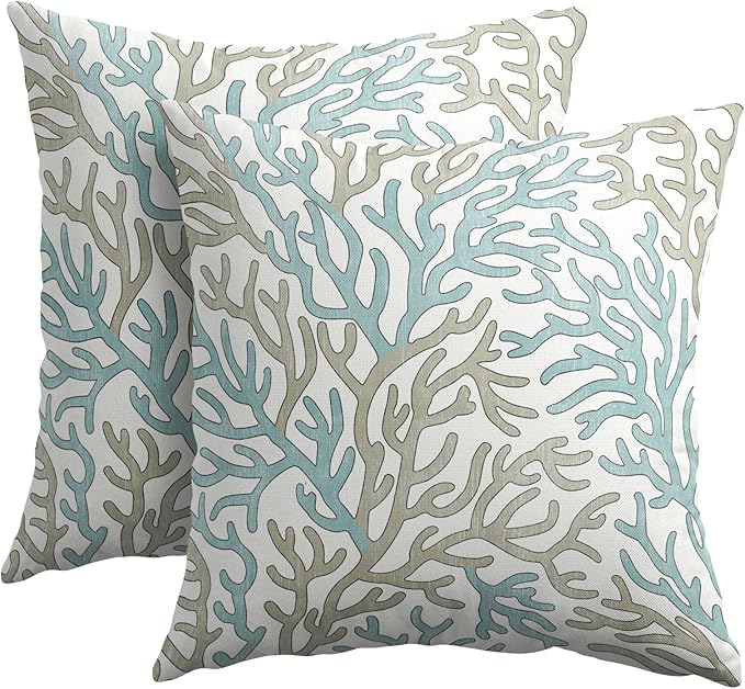 Nautical Coastal Coral Teal Tan White Pillow Covers 18x18 Inch Set of 2 Brown Summer Ocean Themed Beach Pillow Cases Outdoor Linen Square Cushion Cover Farmhouse Decor for Bedroom Home Sofa Couch Bed
