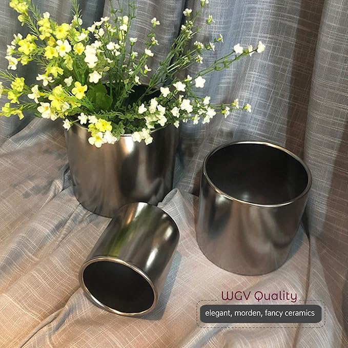WGVI Silver Ceramic Cylinder Vase Width 5.5" Height 5", Flower Arrangements, Candle Holder, Terrarium Planter Pot, Storage Container Organizer, Pen Brush Holder, Smooth Silver Tabletop Decor, 12 Pc