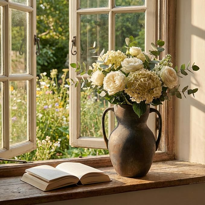 Emotionally Grounded Vase, Vaseking Large Ceramic Rustic Vasewith 2 Handles, 8.6 inch Minimalist Decorative Farmhouse Tall Vases for Home Decor, Living Room, Enterway, Table Decoration, Black Bronze