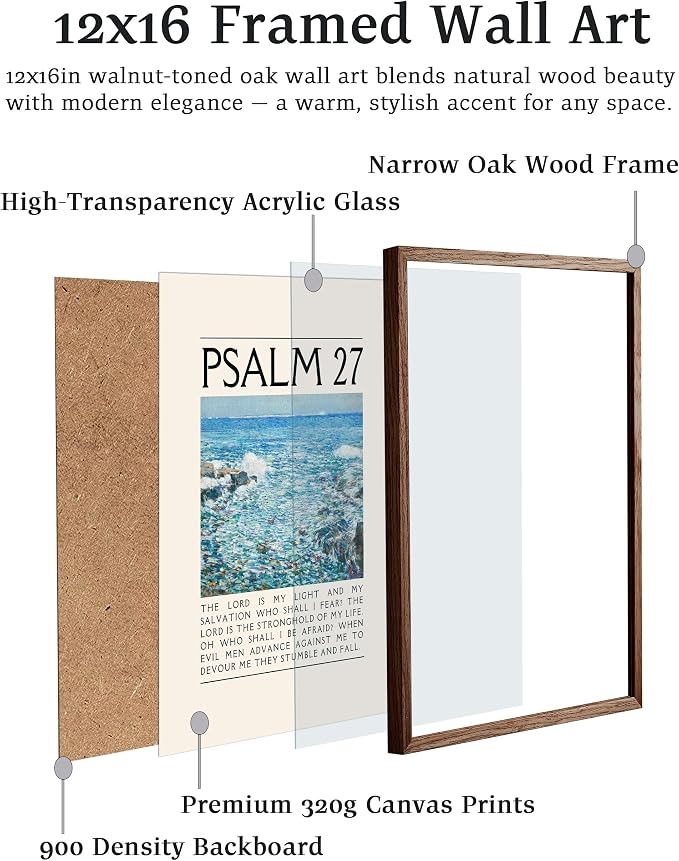EcoHest 12x16 in Psalm 27 Ocean Framed Bible Verse Christian Wall Art | Walnut Color Solid Oak Frame， Canvas Wall Art, Coastal Scripture Wall Decor for Bedroom, Living Room, Office, Church, 1Pack