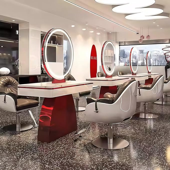 2-Person Salon Station for Hair Stylist with Retro-Futuristic Style, Barber Station includes LED Round Mirror, Red Metal Design, for Beauty Salon