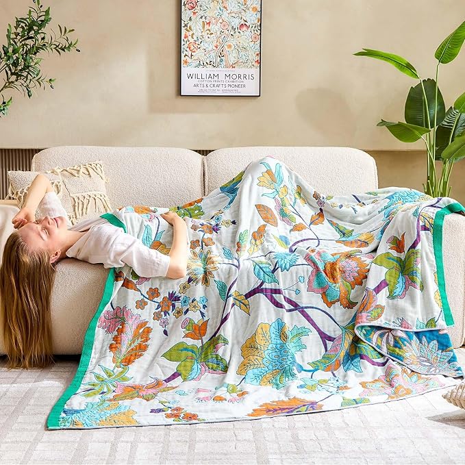 XIBLC Summer Throw Blanket, 50"x60" Reversible Bohemian Flower Blanket, 100% Cotton Muslin Breathable Woven, Farmhouse Decorative Throw Blanket