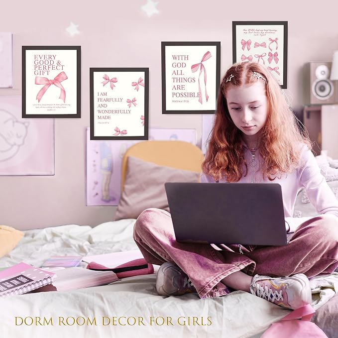 LARTSFRO Coquette Pink Bow Wall Art Decor Posters, Pink Bow Room Bedroom Bathroom Dorm Wall Art Decor Aesthetic for College Teen Girls Gifts, Inspirational Bible Verses Bow Wall Decor, 10x8 Inch Set of 4 Pcs Bow Pictures (DARK FRAMED)
