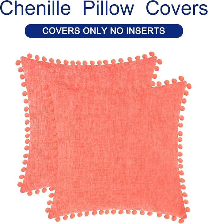 CaliTime Decorative Couch Throw Pillow Covers 22 X 22 Inches Living Coral | Pack of 2, Cozy Chenille Cushion Cases, with Pom Poms for Sofa Bed Living Room Farmhouse Home