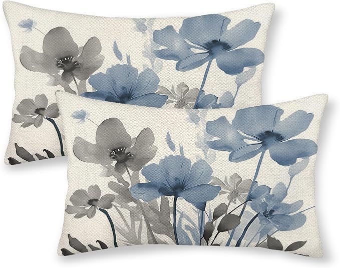 Spring Floral Pillow Covers 12x20 Inches Set of 2 Gray Blue Floral Throw Pillow Covers Outdoor Rustic Summer Flower Decoration Pillowcase Farmhouse Decorative Lumbar Cushion Cover For Home Sofa