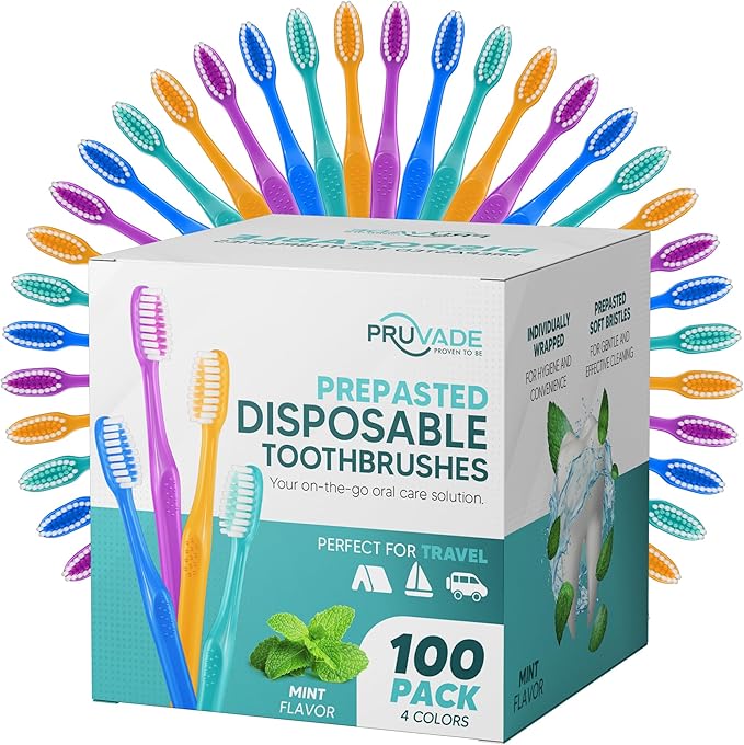 Pruvade 100 Pack Disposable Toothbrushes with Toothpaste Built in | Premium Quality Prepasted Toothbrushes Individually Wrapped - Waterless Toothbrush Soft Bristles for Work, Camping, Travel, Hotel
