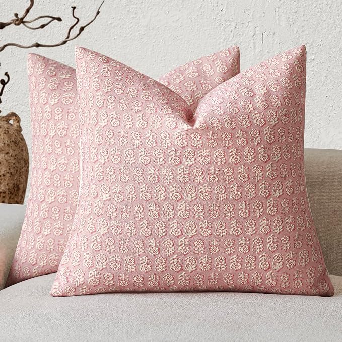 Foindtower Set of 2 Decorative Neutral Floral Print Throw Pillow Covers Vintage Accent Farmhouse Cushion Covers Boho Home Decor for Sofa Couch Chair Bedroom Living Room Outdoor,22×22 Inch,Light Pink