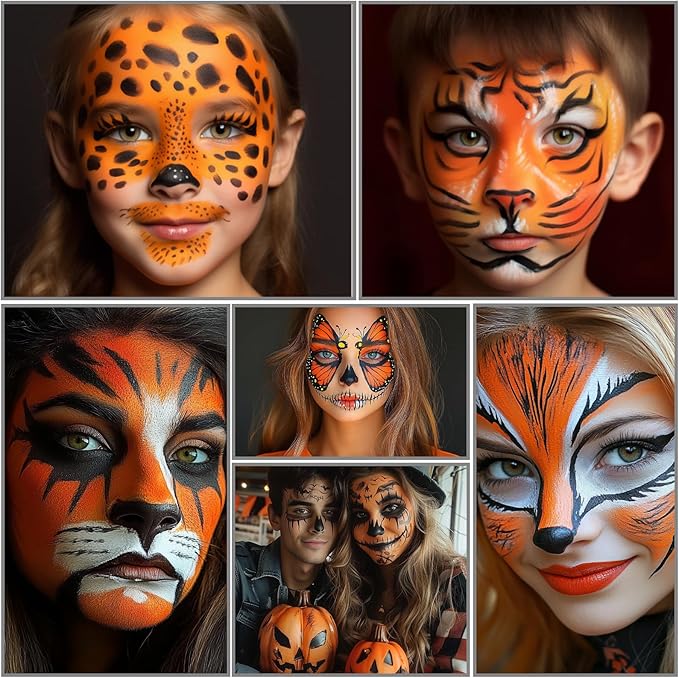 Black Orange Face Body Paint with Brushes for Pumpkin Halloween Makeup, Water Based Face Painting Kit Non-Toxic for Kids Adults Party, Facepaint for Scarecrow Clown Tiger Lion Costume Cosplay Make-Up