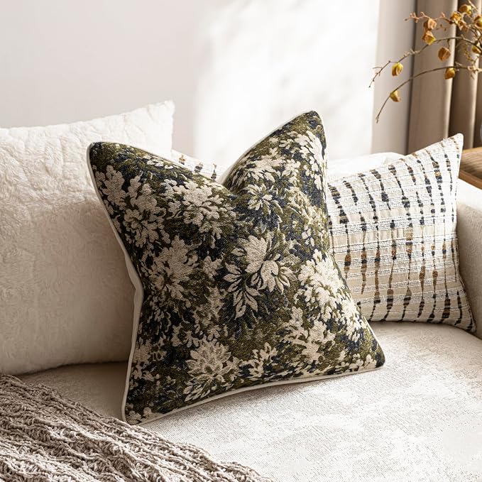 Pack of 2 Vintage Floral Euro Sham Covers 26x26 Boho Farmhouse Accents Chenille Square Decorative Throw Pillow Cases for Living Room Couch Bed Home Decor, Olive Green