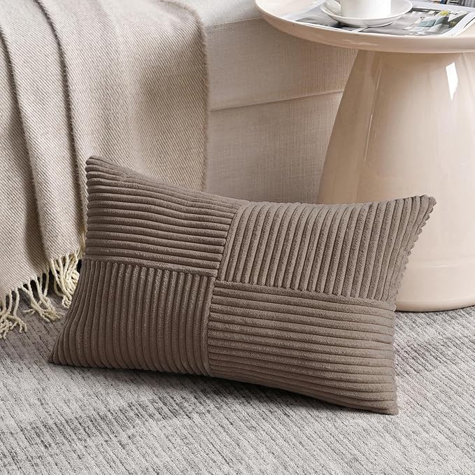 Fancy Homi Set of 2, Light Brown Patchwork Corduroy Decorative Soft Striped Modern Accent Cushion Case Farmhouse Boho Neutral Throw Pillow Covers for Chair Couch Bed Sofa Living Room 22x14 Inch