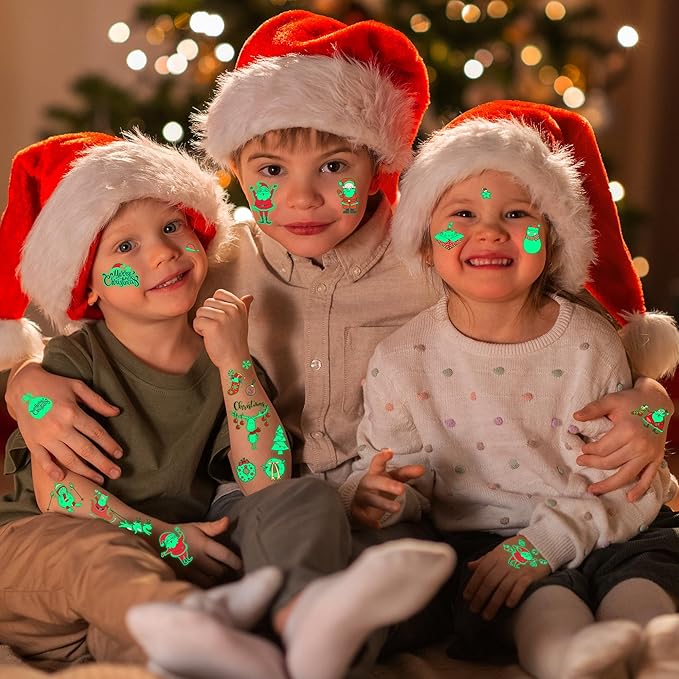 243PCS Christmas Tattoos for Kids, 12Sheets Christmas Party Favors, Luminious Xmas Tattoos Stocking Stuff, Xmas Stickers, Bulk Xmas Holiday Ugly Sweater Party Supplies Accessories Candy