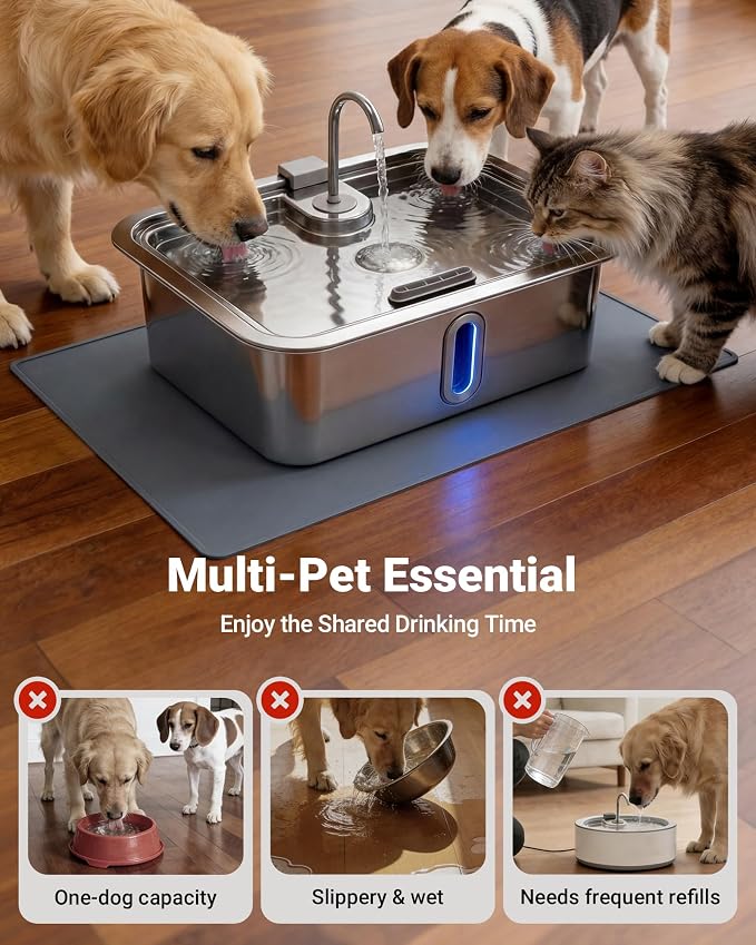 3.17Gal/12L Dog Water Fountain with Silicone Mat & 3 Filters for Dogs Cats | Stainless Steel Multi Pet Water Dispenser, Quiet Automatic Dog Water Bowl Dispenser with Visible Window & Alert Light