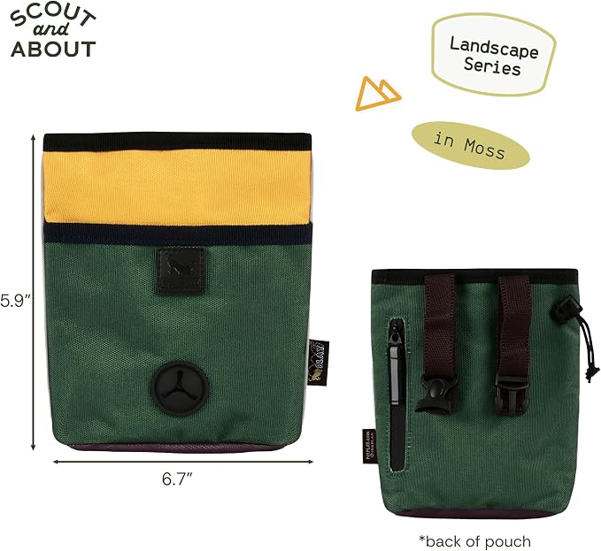 P.L.A.Y. Scout & About Deluxe Training Treat Pouch with Poop Bag Dispenser - 3 Way Wear, Detachable & Adjustable Strap, Reflective Strips, Water-Resistant Back Zipper Pocket, Squeaker (Moss)