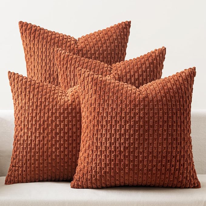 MIULEE Fall Terracotta Decorative Throw Pillow Covers for Couch Sofa Living Room Set of 4 Rustic Striped Cushion Covers Corduroy Pillowcases Farmhouse Home Decor 18x18 Inch Burnt Orange