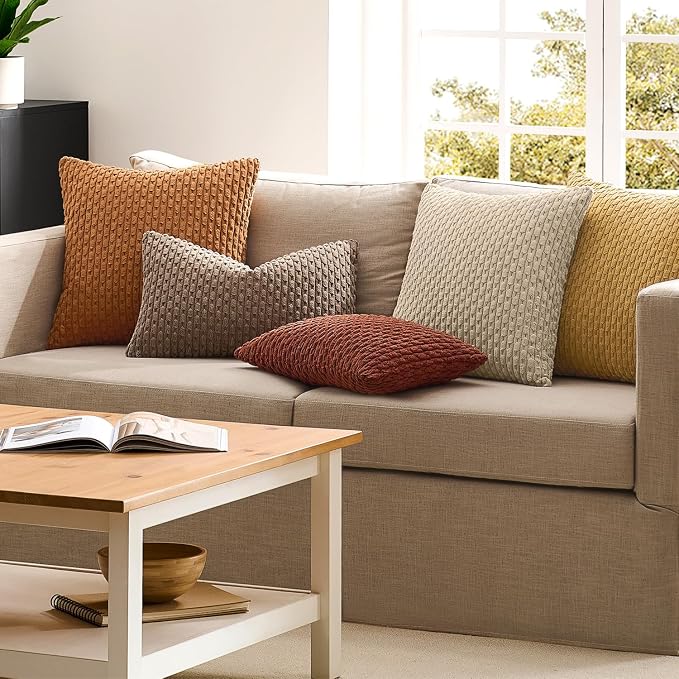 Kevin Textile Soft Corduroy 16"x24" Lumbar Pillow Cover 1 Pack, Burnt Brick | Fall Boho Stripe Plush Corduroy Decorative Oblong Cushion Cover Modern Farmhouse Home Decor for Sofa Couch Bed Chair