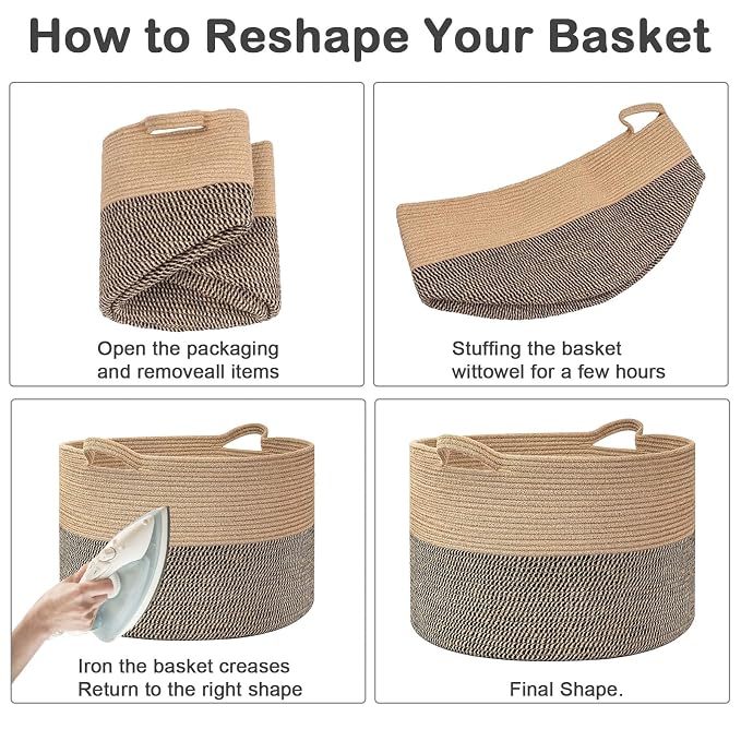 115L Large Blanket Basket,Woven Laundry Basket-Black&Light Grey | Collapsible, reinforced handles, nursery storage bin organizes clothes, toys and pillows for living room, bedroom bathroom