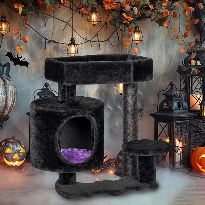 BEWISHOME Cat Tree for Indoor Cats, Gothic Cat Tree with Coffin Bed | Goth Cat Tree Tower with Scratching Posts/Board, Cat Condo/House/Shelves for Kittens, Spider Toy, Black and Violet Small