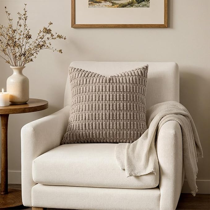 MIULEE Corduroy Decorative Throw Pillow Covers 18x18 Light Brown Pack of 2 | Soft Boho Striped Pillow Covers Modern Farmhouse Fall Home Decor For Sofa Living Room Couch Bed