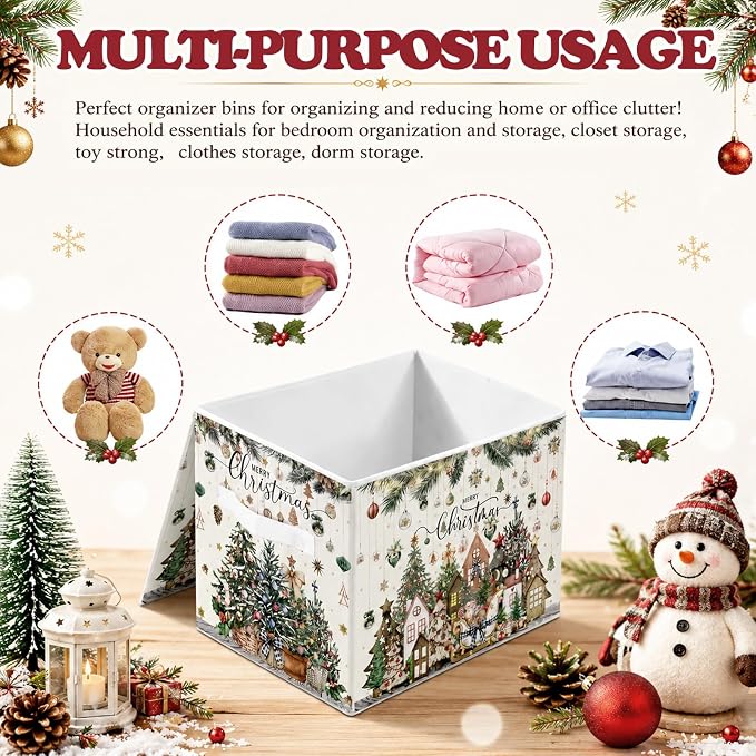 Briwooody Neutral Christmas Storage Bin with Lid and Carrying Handle Christmas Tree Foldable Storage Box Large Xmas Decorative Collapsible Container Basket for Organizing Closet Home Bedroom Gift