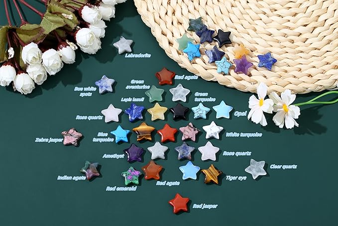 QINJIEJIE 20PCS Crystals Star Stone Healing Crystal Set Mini Crystal Stars Worry Stones Bulk Chakra Crystal Cute Pocket Star Gemstones for Meditation Balancing DIY Jewelry Star Stones Gifts for Women Stocking Stuffers