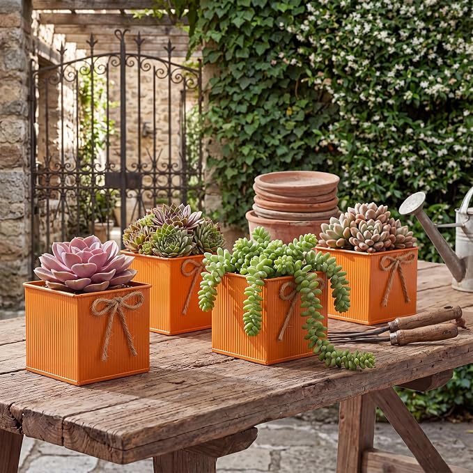 12 Pack Galvanized Square Vases with Floral Foam, 3.5 inch Waterproof Rustic Tin Buckets with Twine Bows, Mini Farmhouse Metal Planter Centerpieces for Wedding Party Table Decor(Orange)