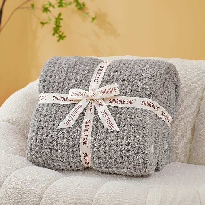 Snuggle Sac Grey Waffle Throw Blanket for Couch Bed Sofa 60x80 inches, Reversible Grey Blanket Microfiber Fluffy Fuzzy Cozy Knit Twin Blanket for Women Mothers Birthday Gifts