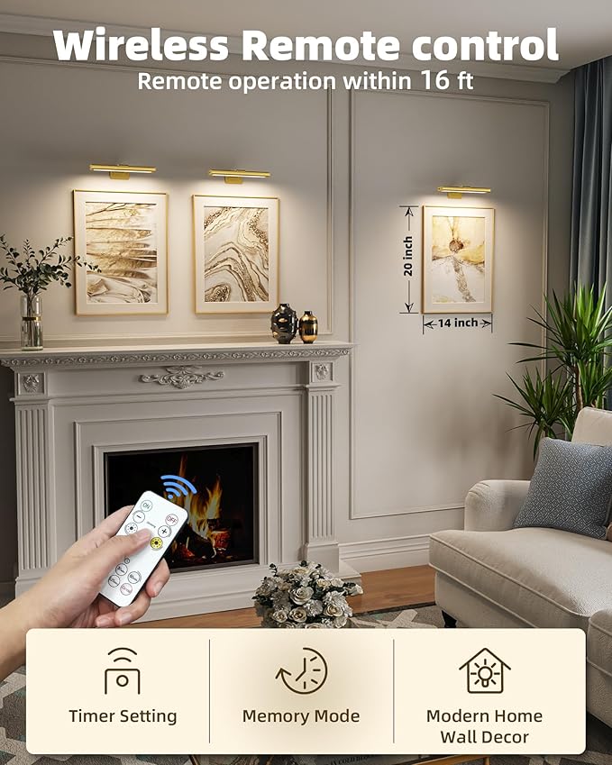 EZVALO Picture Light for Wall, Rechargeable 2400mAh Gold Lights Wireless with IR Remote, 3 Color & Dimmable Magnetic 7.87'' LED Lights Display for Painting, Living Room, Gallery, Bedroom Art (2P)