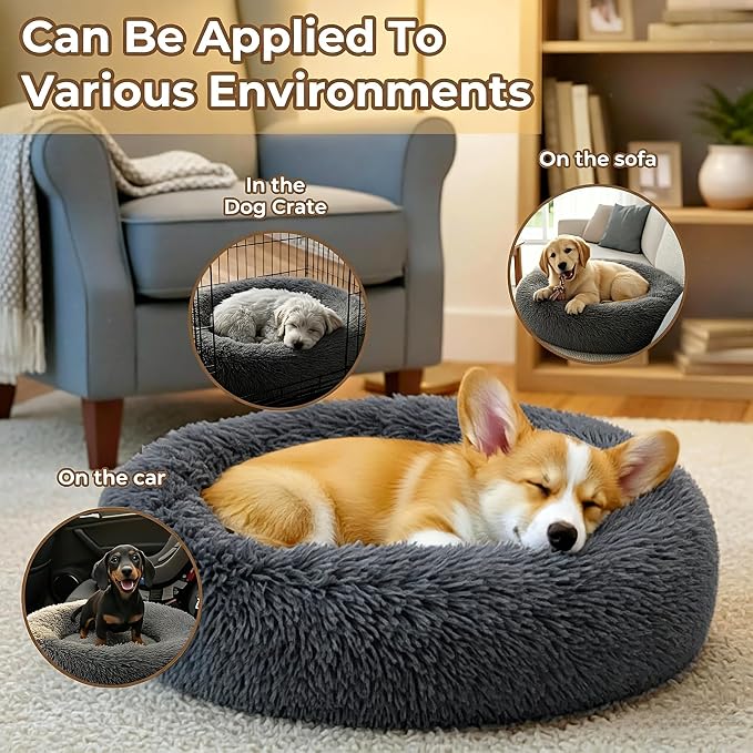 Calming Donut Dog and Cat Bed for Indoor Cats, Anti-Anxiety Round Fluffy Soft Washable Small Pet Bed for Puppy and Kitten, Warming Comfortable Luxury Anti-Slip Waterproof Mute Base 20in Dark Gray