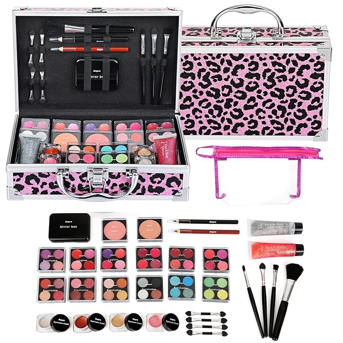 Anpro All-In-One Makeup Kit for Girls 10-12 with Case, Pro Teen Makeup Set, Tween Makeup Kit for Teens Women, Full Starter Make Up Kit with Brushes, Lipstick, Eye Shadows Palette, Blushes, Glitter Gel