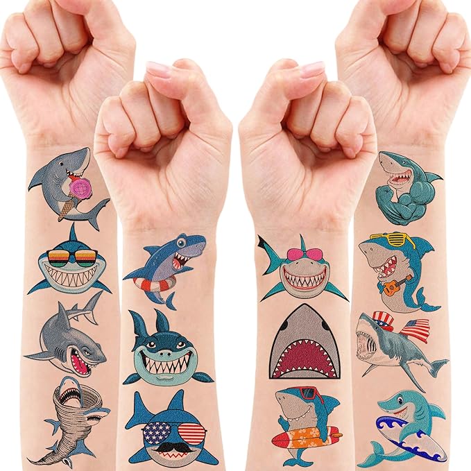 96 PCS Shark Pre-Cut Temporary Tattoos Sticker Sea Animal Fish Under The Sea Ocean Birthday Party Decorations Decor Favors Supplies Gifts Boys Girls Cute Fake Tattoo School Reward Themed (Normal)