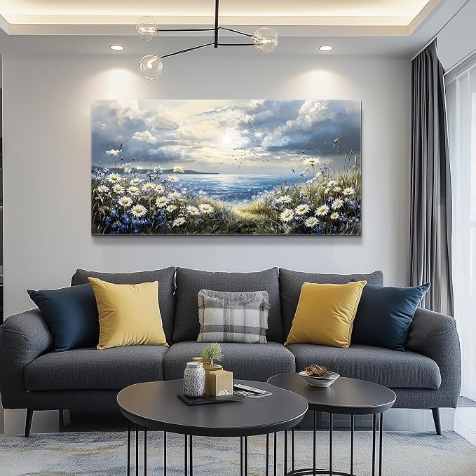 KELIYUAN Large Canvas Wall Art For Living Room Bedroom Wall Decor Home Office Blue Mediterranean Garden Landscape Painting Room Bathroom Dining Room Prints Artwork Picture Wall Decoration 20x40 In