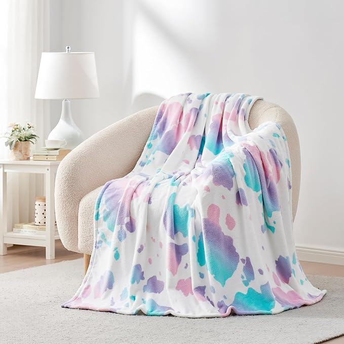 Cozy Bliss Cow Print Fuzzy Throw Blanket for Couch - Thick Soft Warm Non Shedding Fleece Blankets for Western Décor Room, for Kids, Women Men Girls, Rainbow 50"*60"