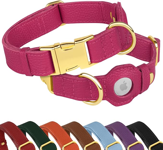 Leather Airtag Dog Collar - Soft Tracking Dog Collar with Apple AirTag Holder and Metal Buckle - Safety GPS Pet Collars for Small Medium Large Dogs Puppy Pink Red (Pink, S, 12"-15" Neck Fit)