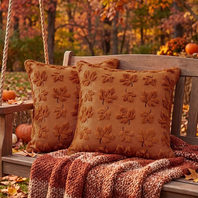 Fall Throw Pillow Covers 20x20 Set of 2 Rust Orange Plush Maple Leaf | Rust orange plush covers comfort with raised maple embroidery, designed for couch sofas, porches, and cozy fall home decor.