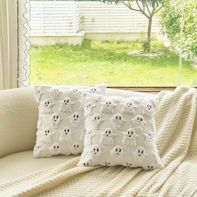 Pack of 2 Best Gift Happy Halloween White Ghost Decorative Throw Pillow Cover Cushion Case for Bed Couch Sofa Farmhouse 18''X18'inches (Ghost)