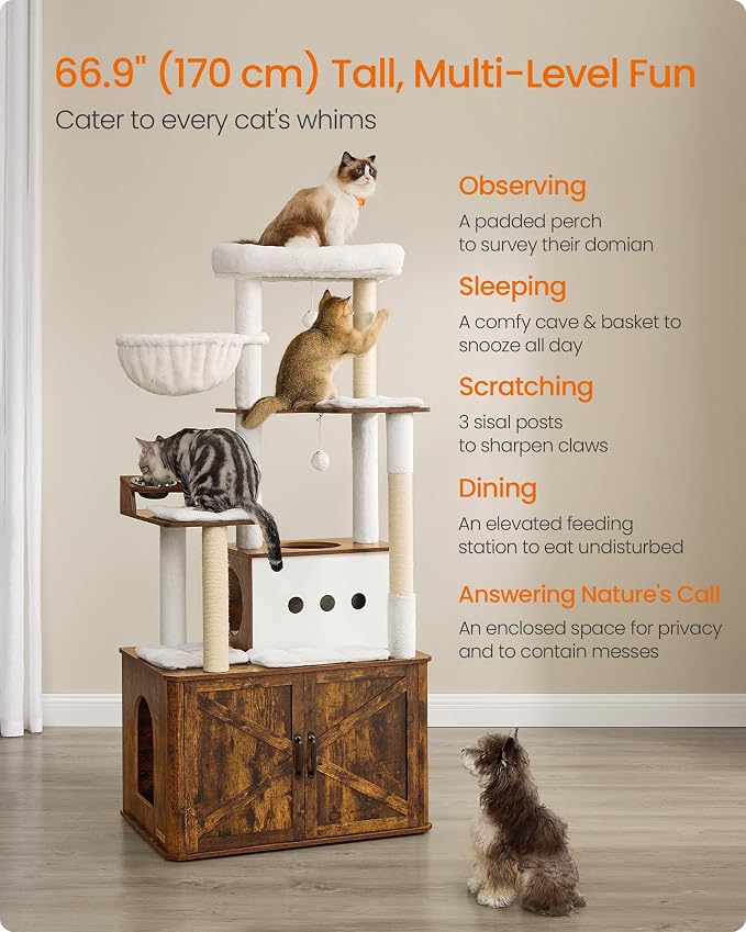 Feandrea Cat Tree, 66.9-Inch Cat Tower with Litter Box Enclosure, Large Condo with Food Station, Storage, Scratching Posts, Cave, Hammock, Washable Cushions, Rustic Brown UPCT169K01 | Large Condo with Food Station, Storage, Scratching Posts, Cave, Hamm...